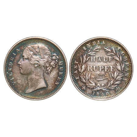 Victoria Queen, Silver, Half Rupee, 1840, DL, Calcutta Mint, .W.W incused, Wreath with 24 