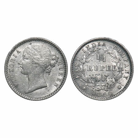 Victoria Queen, Silver, 1/4 Rupee, 1840, DL, Calcutta Mint, W.W. raised, Wreath with 10 Be