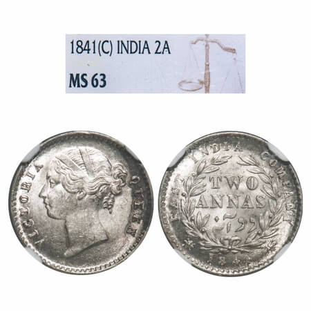 Victoria Queen, Silver, 2 Annas, 1841, DL, Calcutta Mint, W.W. raised, Wreath with 9 Berri