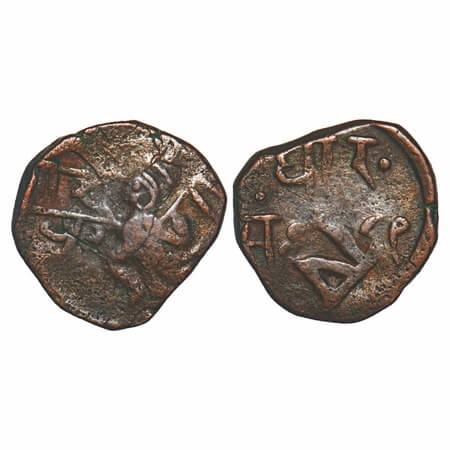 Dhar, Copper Kachha Paisa, 7.17g, Obv: Hanuman running right, Rev: Pataka. Error struck wi