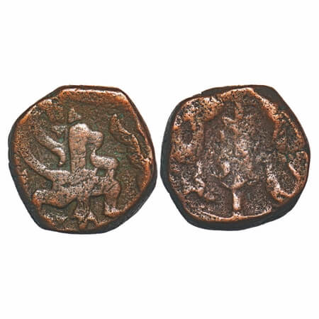 Dhar, Copper Kachha Paisa, 12.73g, Obv: Hanuman running right, Rev: sword (unclear). Error