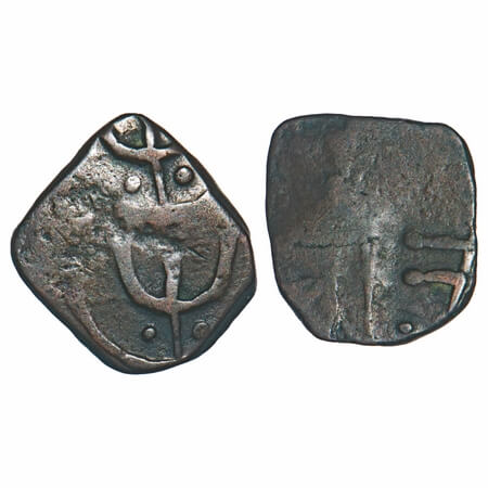 Mewar, Copper Pie, 2.38g, Umarda Mint, Error Double struck. Trident type. KM Y#23 Type. Ve