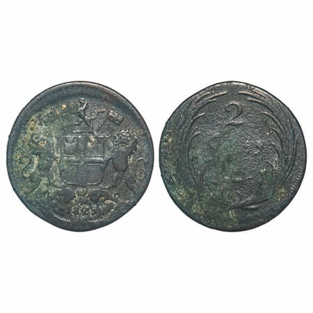 Madras Presidency, Copper 2 Pies, 3.94g, Soho Mint, 1825 AD, Off-Centre Error, Obv: Coat o