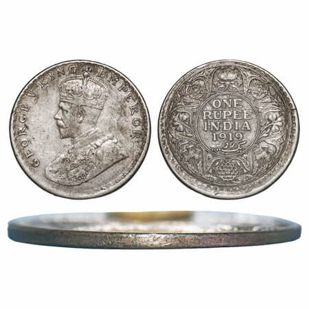 George V, Silver, Rupee, 1919, Bombay Mint, Dot. Error with plain edge and die shift. GK 1