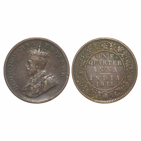 George V, Copper Quarter Anna, 4.73g, 1911 AD, Design Error, Pig type issue, Obv: Bust of 