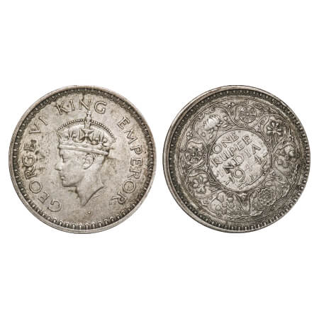 George VI, Silver Rupee, 11.66g, 1944 AD, Die Rotation Error & minor die shift, Almost Alm