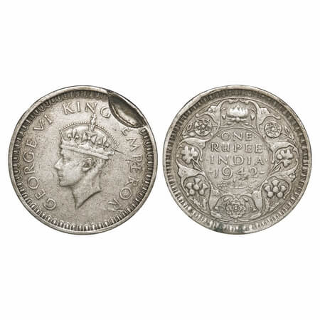 George VI, Half Silver, Rupee, 1942, Bombay Mint, Diamond, Security edge, Indent Error on 