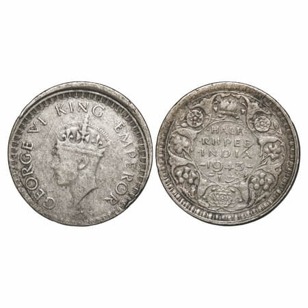 George VI, Half Silver, 1/2 Rupee, 1943, Security edge, 10 % die shift, bottom rim hardly 