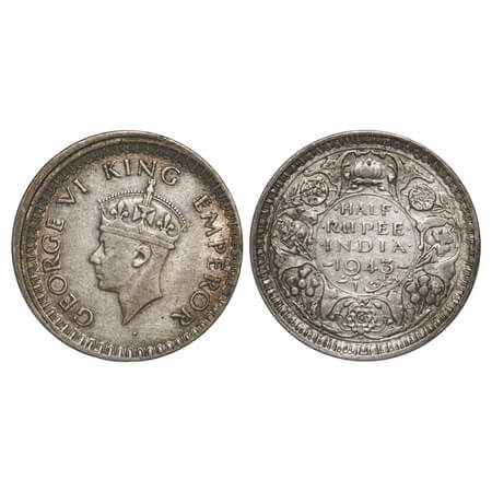 George VI, Half Silver, 1/2 Rupee, 1943, Bombay Mint, Security edge, 10 % die shift. GK 13