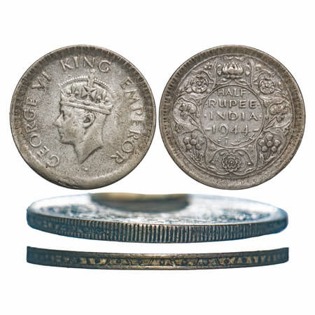 George VI, Half Silver, 1/2 Rupee, 1944, Lahore Mint, with partly Security edge and partly