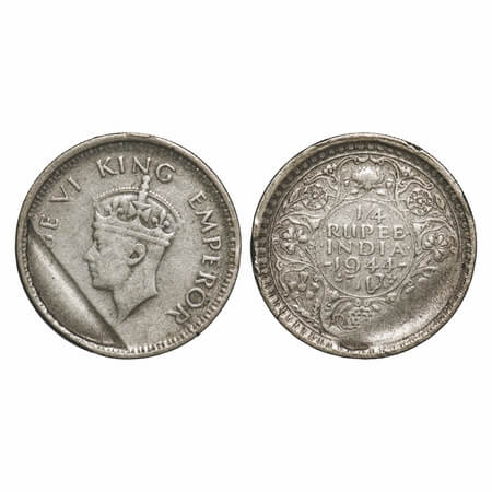 George VI, Half Silver, 1/4 Rupee, 1944, Security edge, Struck through error on both sides