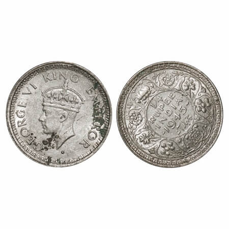 George VI, Half Silver, 1/4 Rupee, 1945, Bombay Mint, Security edge, error reverse Almost