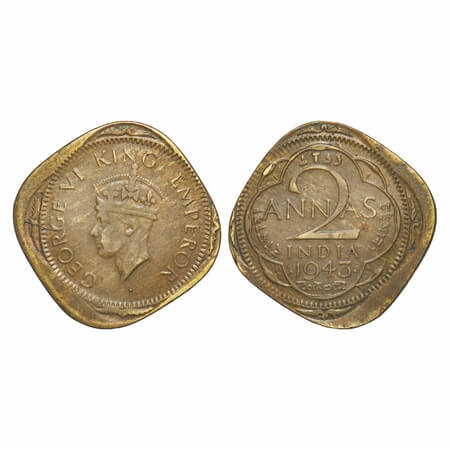 George VI, Brass Two Annas, 5.88g, 1943 AD, Off Centre Error, Obv: Off Centred Bust of Kin