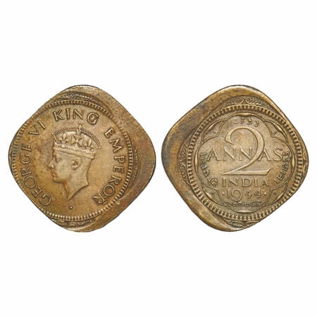 George VI, Brass Two Annas, 5.86g, 1944 AD, Off Centre Error, Obv: Off Centred Bust of Kin