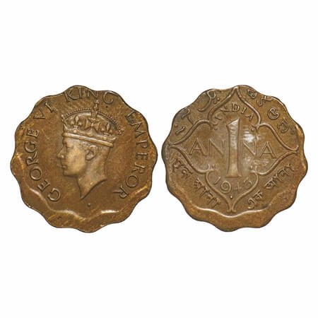 George VI, Brass Nickel 1 Anna, 1943 Bombay Mint, Type II, dots, normal numeral 3. Error A