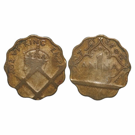 George VI, Brass Nickel 1 Anna, 1943, Error - overstruck lines, presumable cancelled. Very
