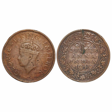 George VI, Copper Quarter Anna, 4.50g, 1940 AD, (Struck through) Planchate flaw Error, Obv