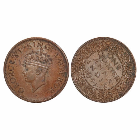 George VI, Bronze, Quarter Anna, 1941, Calcutta Mint, Head Type II, No dot. Error, Almost 