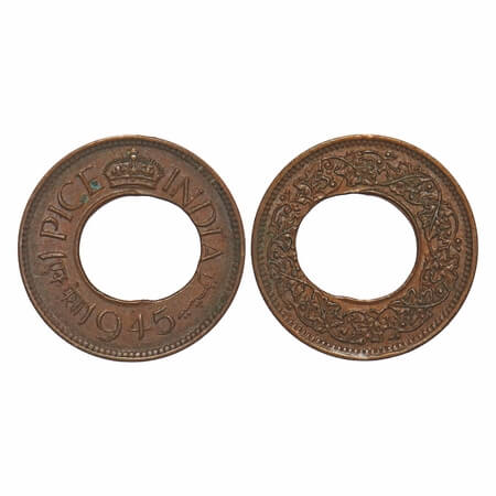 George VI, Bronze, 1 Pice, 1945, Calcutta, Error double cutting of holes (enlarged center 