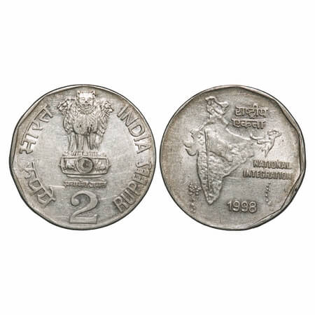 2 Rupees, 1998, Nickel, Calcutta Mint, 1998 AD, Obv: Ashoka Pedestal – Type A, Rev: Nation