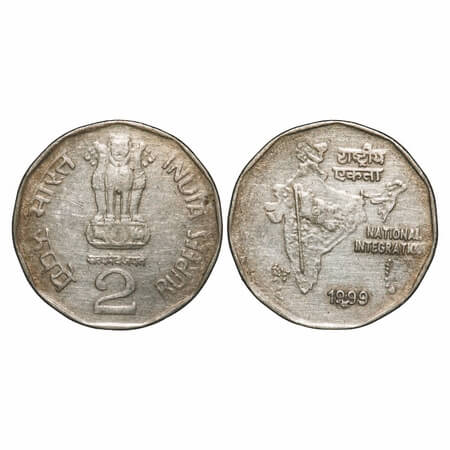 2 Rupees, 1999, Copper Nickel, Hyderabad Mint, Obv: Ashoka Pedestal – Type A, Rev: Nationa