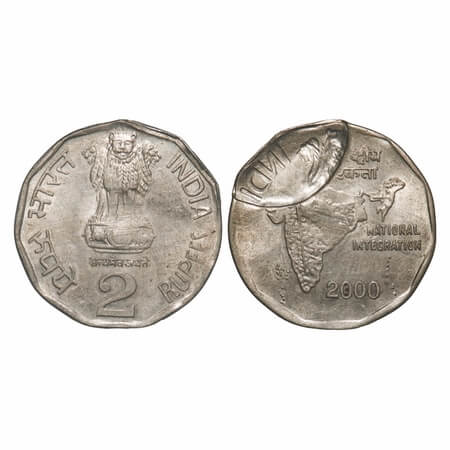 2 Rupees, 2000, Copper Nickel, Obv: Ashoka Pedestal – Type A, Rev: Partial Brockage (aroun