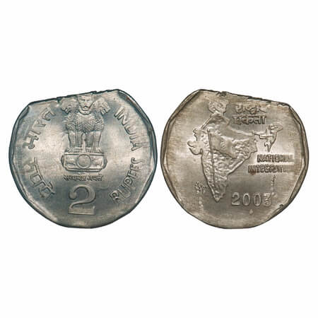 2 Rupees, 2003, Copper Nickel, Bombay Mint, Obv: Ashoka Pedestal – Type A, Rev: National I