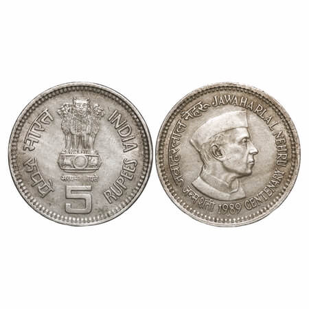 5 Rupees, 1989, Cu-Ni, Jawaharlal Nehru, Bombay Mint. Error: Mule. Very Fine+, Scarce.