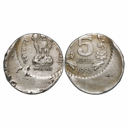5 Rupees, 1995, Cu-Ni, Bombay Mint. Error struck off center. About Very Fine, Scarce.