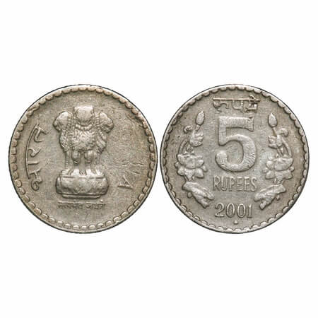 5 Rupees, 2001, Copper-Nickel, 8.95g,, Bombay Mint, Obv: Denomination flanked by flowers, 