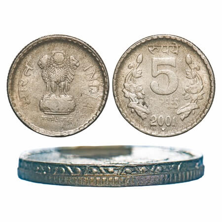 5 Rupees, 2001, Copper-Nickel, 8.06g, Bombay Mint, Obv: Denomination flanked by flowers, R
