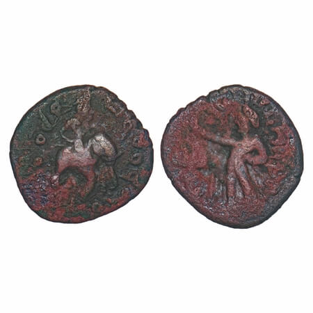 Kushanas, Huvishka, Copper Unit, 8.41g, 22.43x22.87mm, Obv: King riding an elephant to rig