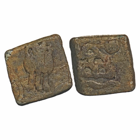 Western Kshatarapas, Damasena, Lead Unit, 1.20g, 11.22x10.38mm, Obv: Front facing Bull wit