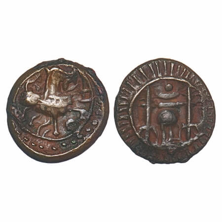 Vishnukundin Dynasty, Andhra Region, Copper Base Alloy, 8.35g, 21.26x21.04mm, Obv: Roaring