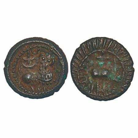 Vishnukundin Dynasty, Andhra Region, Copper Base Alloy, 5.13g, 18.49x19.21mm, Obv: Roaring