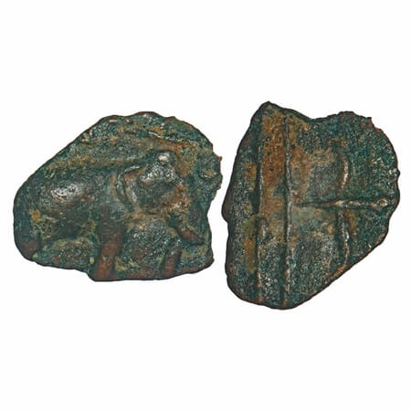 Sangam Cheras, Copper Unit, 2.15g, 15.15x18.38mm, Obv: Elephant standing to right above pa