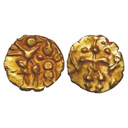 Nagarkhanda Kadambas, (12-13 Cen AD), Gold Fanam, 0.34g, Obv: Standing Garuda facing a cer
