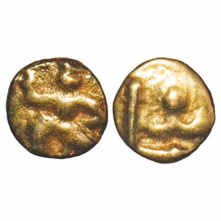 Hoysala Dynasty, Vijayanagar Period, Gold Fanam, 0.32g, 5.74x5.87mm, Obv: Warrior running 