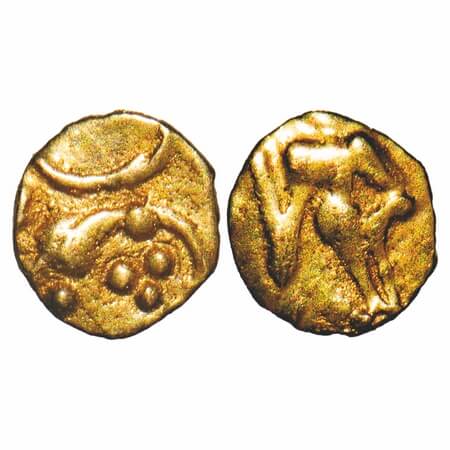 Hoysala Dynasty, Gold ¼ Fanam, 0.08g, 4.32x3.91mm, Obv: Lion walking to right side above c