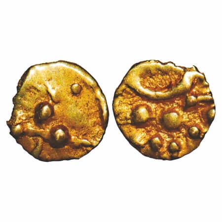Hoysala Dynasty, ¼ Gold Fanam, 0.08g, 4.84x4.78mm, Obv: Crude figure of Lion walking to ri