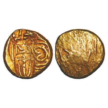 Telugu Chodas of Nellore, Bhujabala, Gold Pagoda, 3.53g, 12.76x12.63mm, punch-marked type 