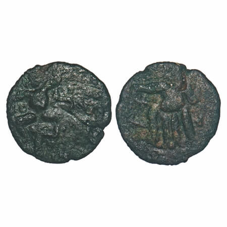 Venad Chera, Copper Unit, 2.25g, 15.72x16.23mm, Obv: Standing figure flanked by lamp and p
