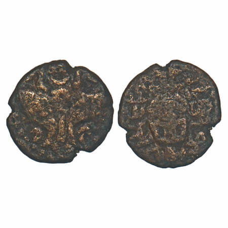 Pandyas, Maravarman Sundara Pandya, Copper, 1.64g, 12.89x13.50mm, Obv: Seated Figure with 