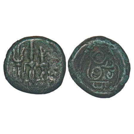 Madurai Nayaks, Copper Unit, 2.98g, 13.84x14.66mm, Obv. Shiv Parvathi with thrisul, Rev: S