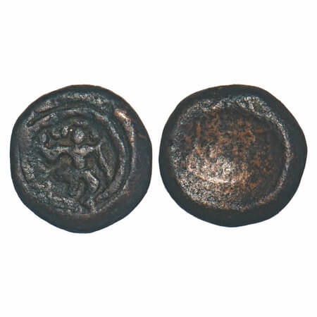 Madurai Nayaks, Copper Unit, 3.30g, 13.12x12.56mm, Obv: Kaliya Narthana Krishna, Rev: Kann