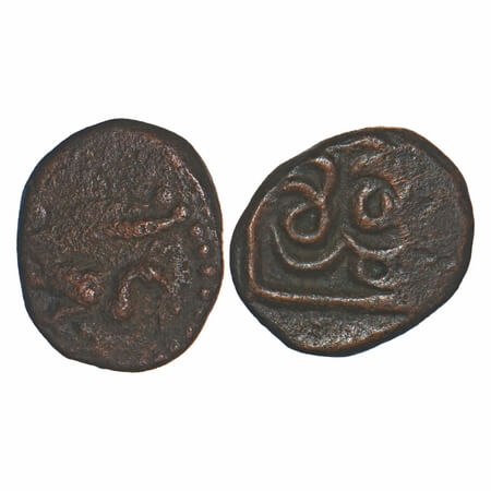 Madurai Nayaks, Copper Kasu, 2.32g, 13.63x11.13mm, Obv: Peacock standing to right around d