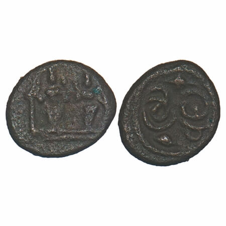 Madurai Nayaks, Copper unit, 1.26g, 9.86x11.12mm, Obv: Two goddesses standing inside an ar