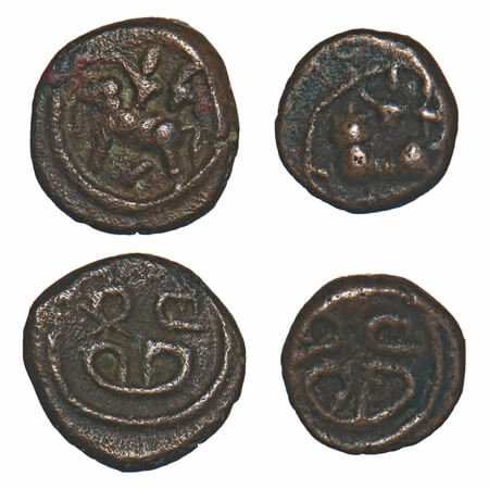 Madurai Nayaks, Copper (2 Coins), 0.94 &0.58g, 1) Obv: God goddesses seated on elephant, R