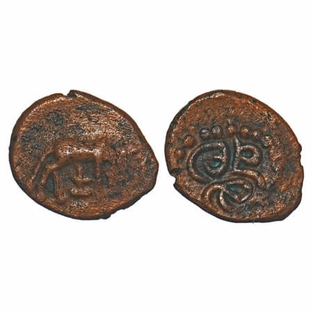 Madurai Nayaks, Copper Unit, 1.17g, 10.32x11.98mm, Obv: Cow is self milking over a Lingam,