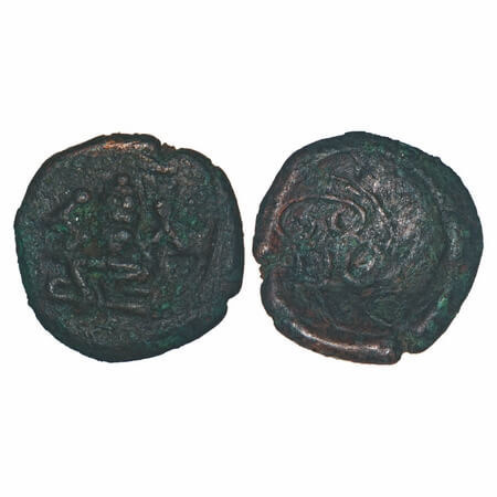 Madurai Nayaks, Copper Unit, 3.18g, 15.09x15.34mm, Obv: Seated Lord Narashima, Rev. Sri ve